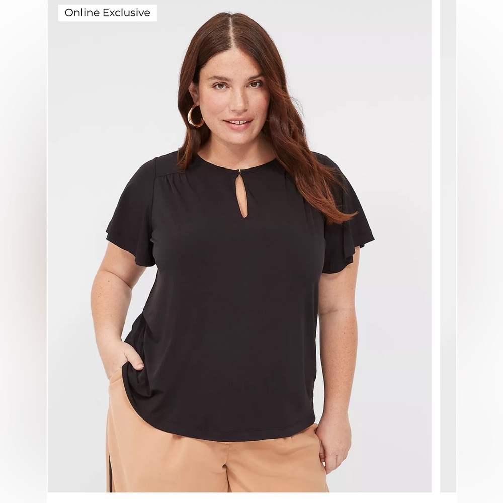 NWT Lane Bryant Flutter Sleeve Keyhole Top, Size 10/12, Black